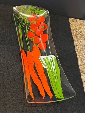 Vintage glass serving tray signed "Elaine," featuring Painted Vegetables